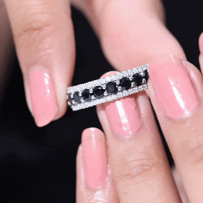 Natural black spinel and diamond half eternity ring by Rosec Jewels, showcasing sparkling stones and elegant gold band design.