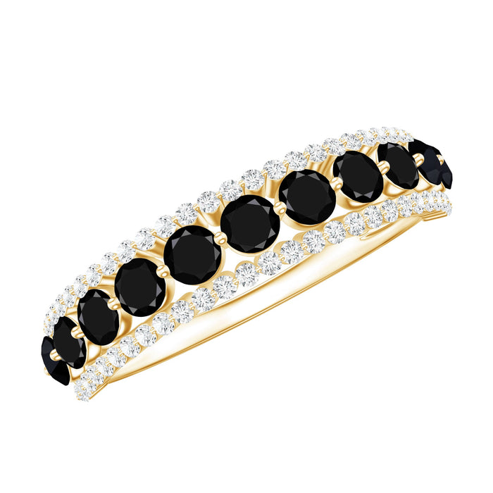 Natural black spinel diamond half eternity ring featuring sparkling stones in a sleek band, perfect for anniversaries.