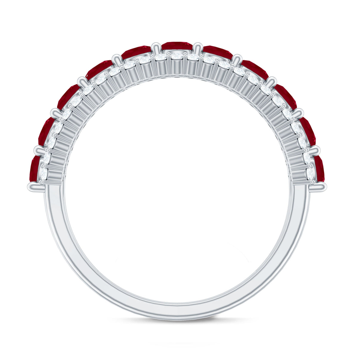 Natural ruby and diamond half eternity anniversary ring for women by Rosec Jewels, showcasing sparkling gemstones and elegant design.