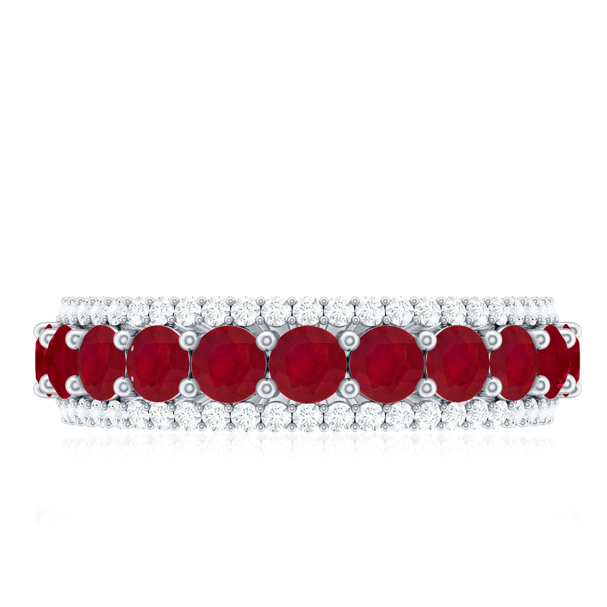 Natural ruby and diamond half eternity anniversary band ring for women by Rosec Jewels, featuring a continuous row of sparkling stones.