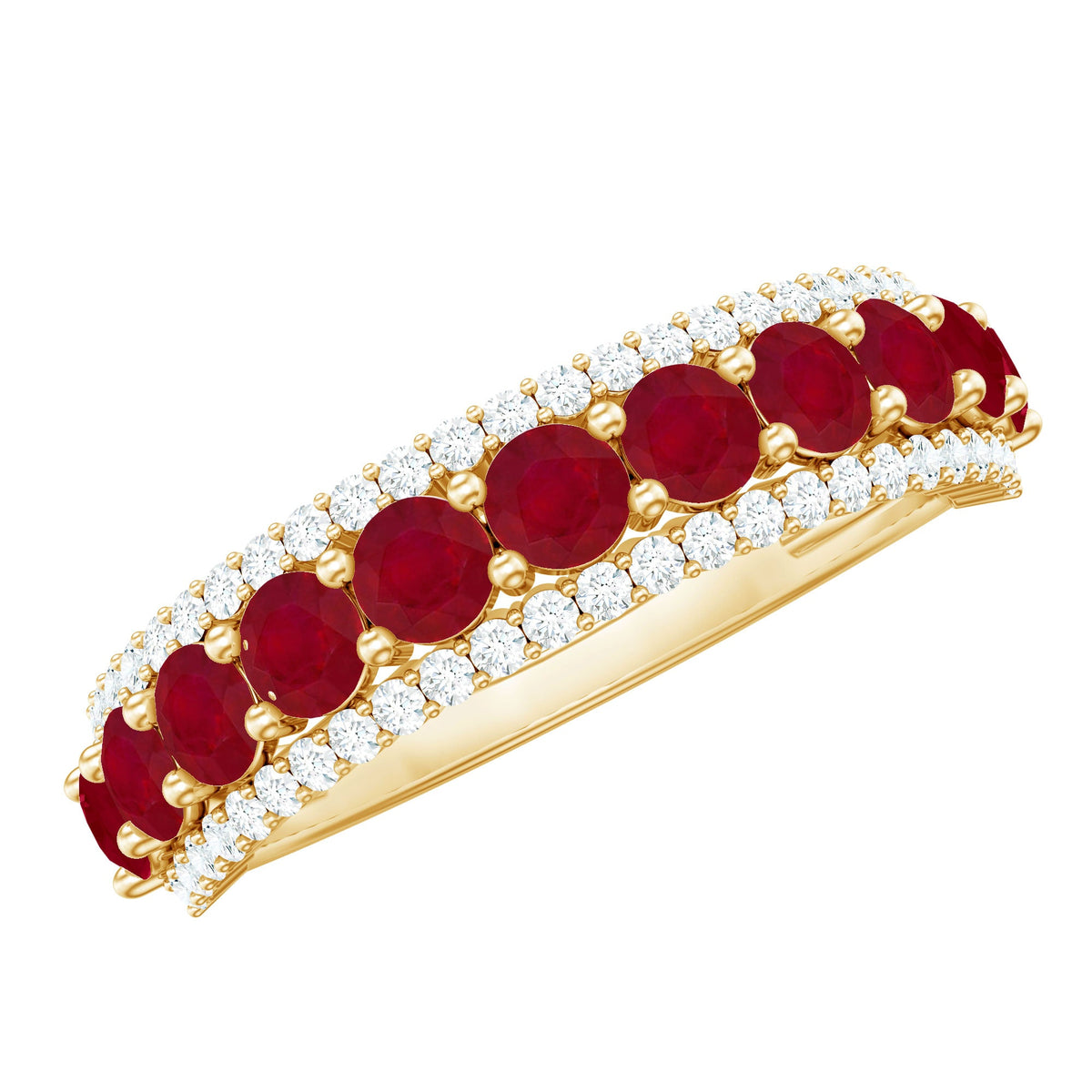 Natural ruby and diamond half eternity ring for women, Rosec Jewels anniversary band with elegant design and sparkling gemstones.