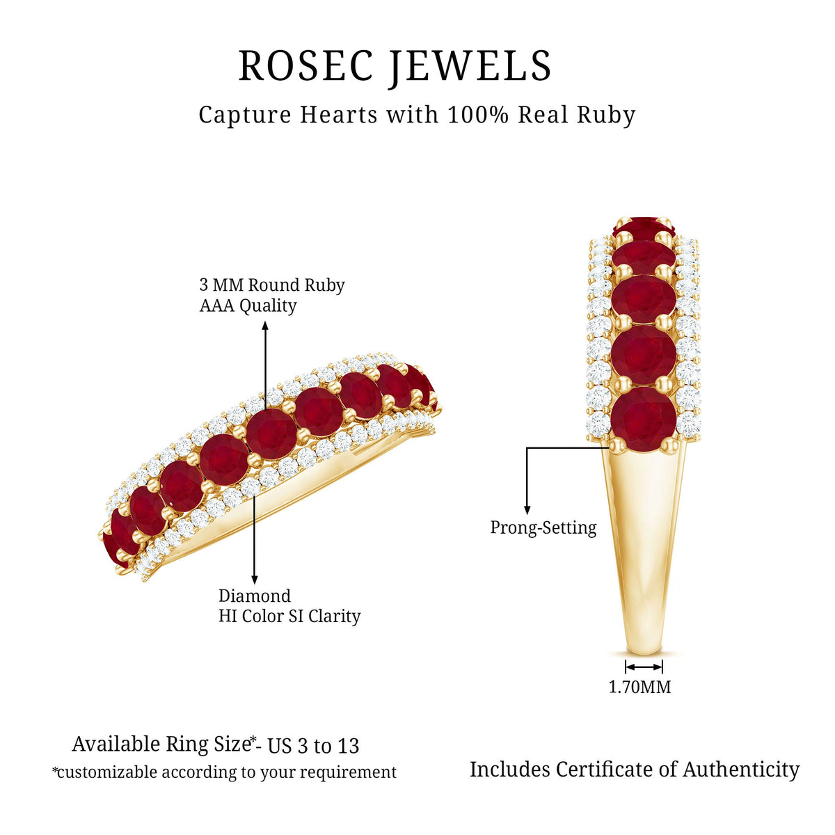 Natural ruby and diamond half eternity anniversary ring for women by Rosec Jewels, featuring a continuous band of sparkling gemstones.