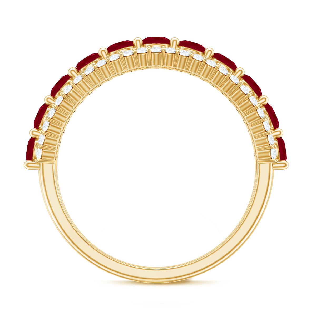 Natural Ruby and diamond half eternity anniversary ring for women, Rosec Jewels, showcasing the band with ruby and diamond accents.