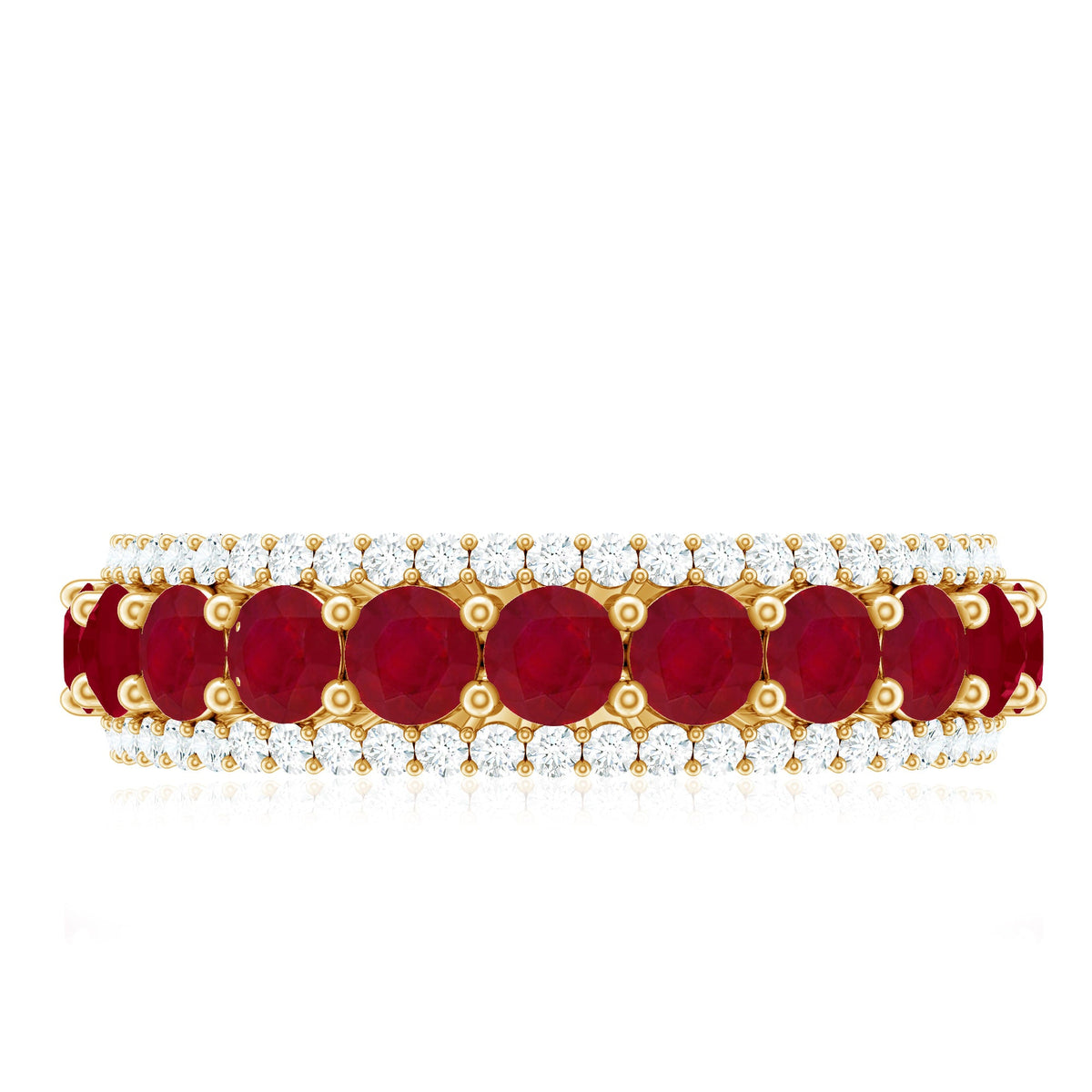 Natural ruby and diamond half eternity anniversary band ring for women, Rosec Jewels, showcasing sparkling gemstones and elegant design.