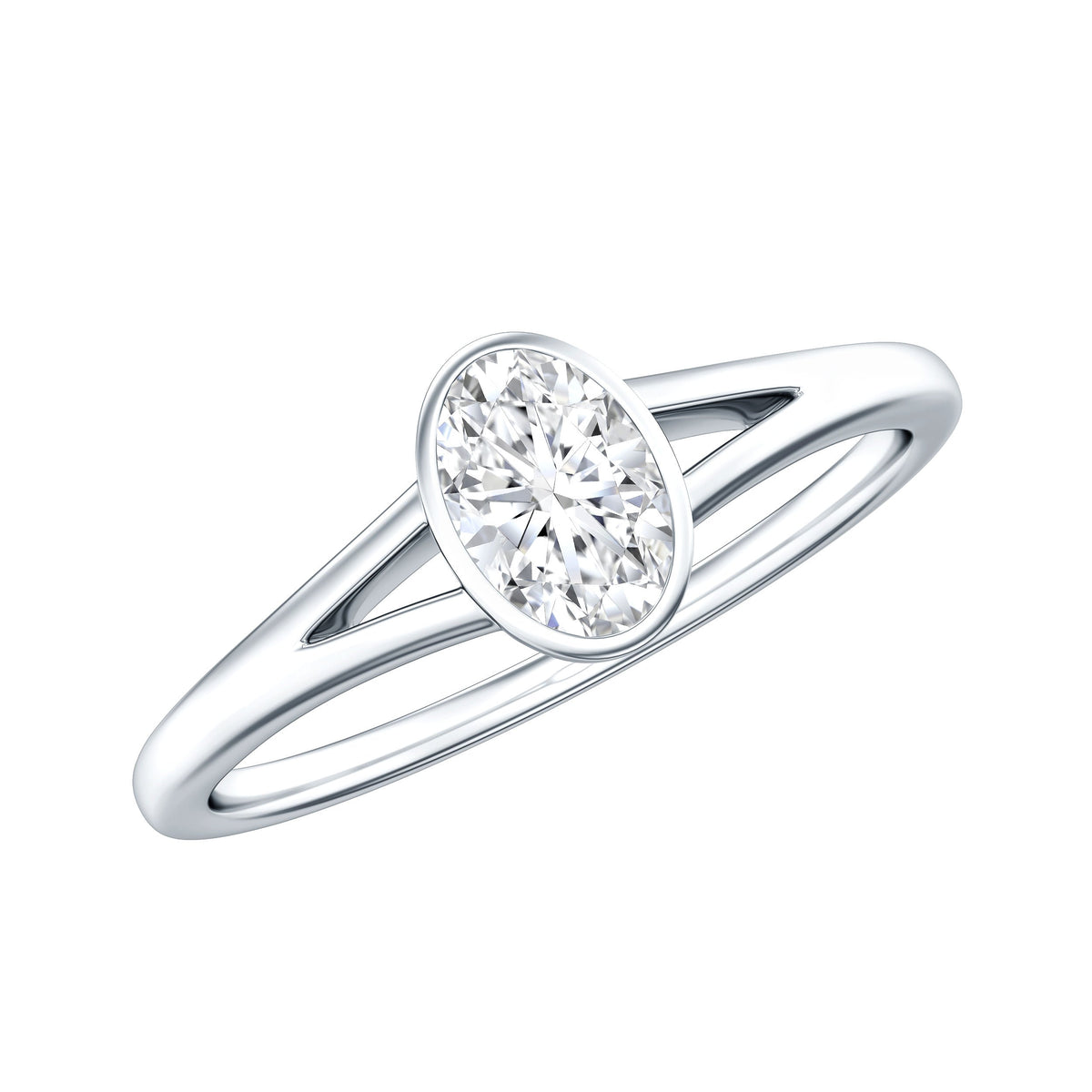 Bezel Set Oval Cut Moissanite Promise Ring in Split Shank