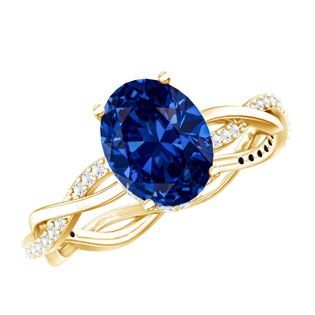 Certified 4 Carat Lab Grown Blue Sapphire Oval Engagement Ring with Diamond Braided Shank