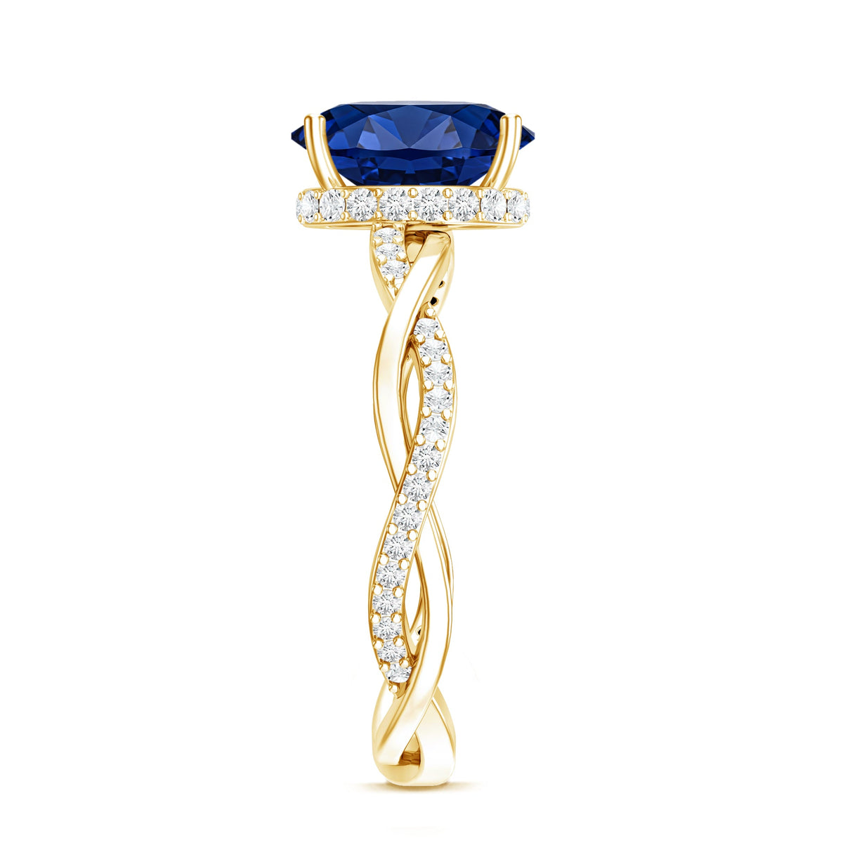 Certified 4 Carat Lab Grown Blue Sapphire Oval Engagement Ring with Diamond Braided Shank