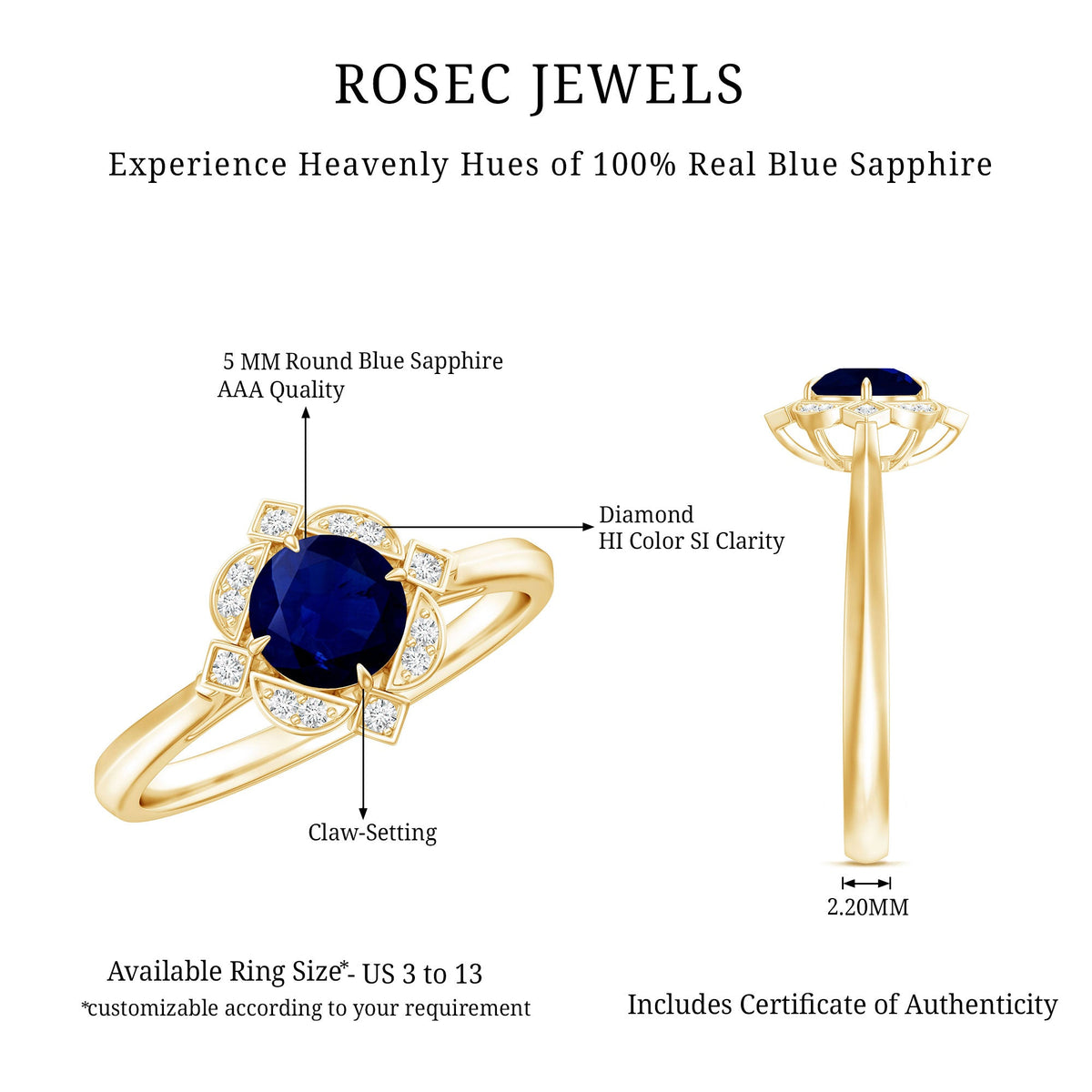 Vintage style 0.9 carat blue sapphire engagement ring with diamond halo by Rosec Jewels, featuring intricate metalwork and sparkling stones.
