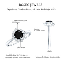 Round Cut Black Onyx and Diamond Flower Engagement Ring