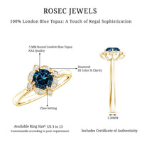 Round Cut London Blue Topaz and Diamond Flower Engagement Ring