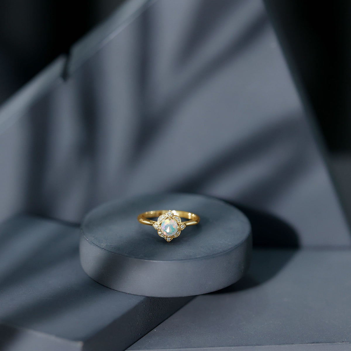 Real Ethiopian Opal Vintage Looking Engagement Ring with Diamond