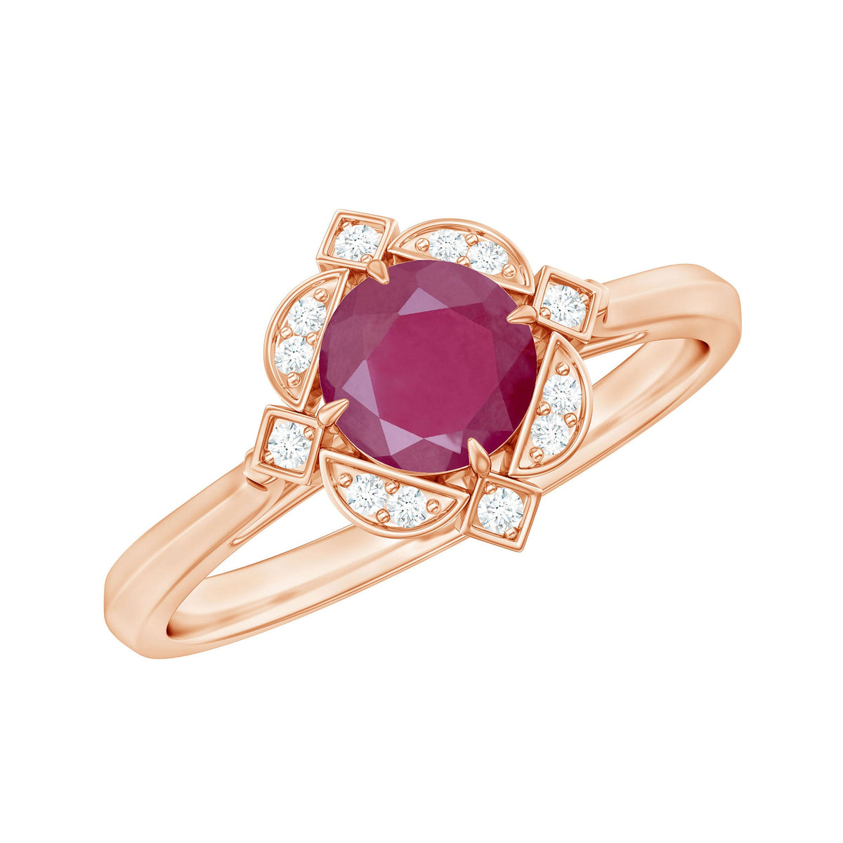 Vintage style 0.6 carat ruby engagement ring with diamond halo from Rosec Jewels, showcasing intricate design and sparkling gemstones.