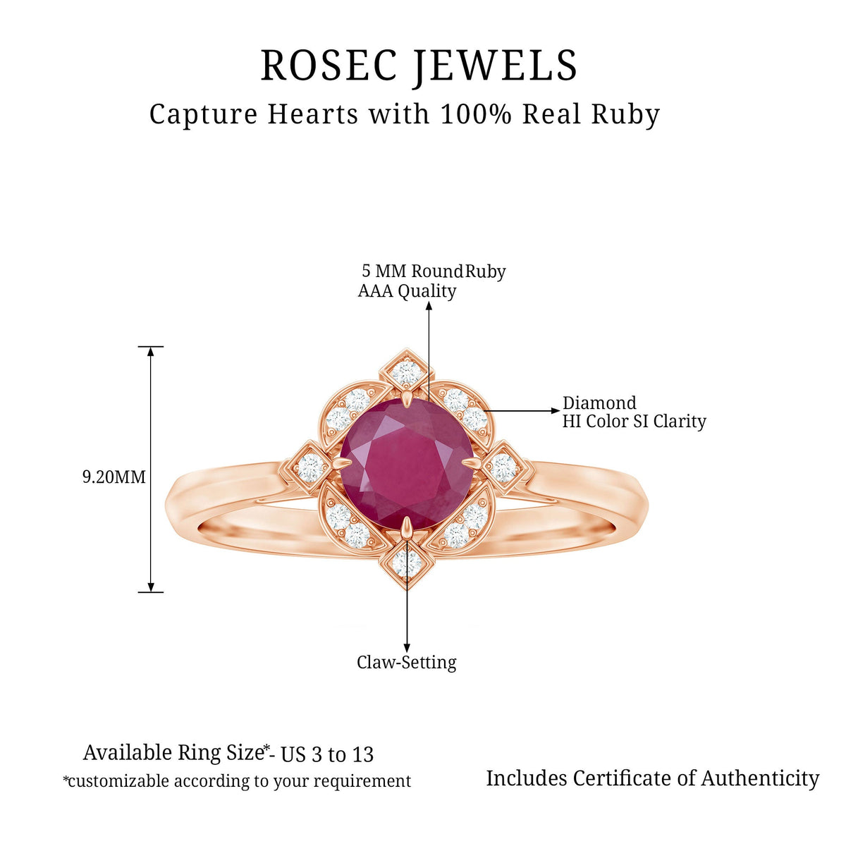 Vintage style 0.6 carat ruby engagement ring with diamond halo, featuring intricate design and sparkling gemstone accents.