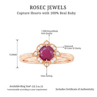 Vintage style 0.6 carat ruby engagement ring with diamond halo, featuring intricate design and sparkling gemstone accents.