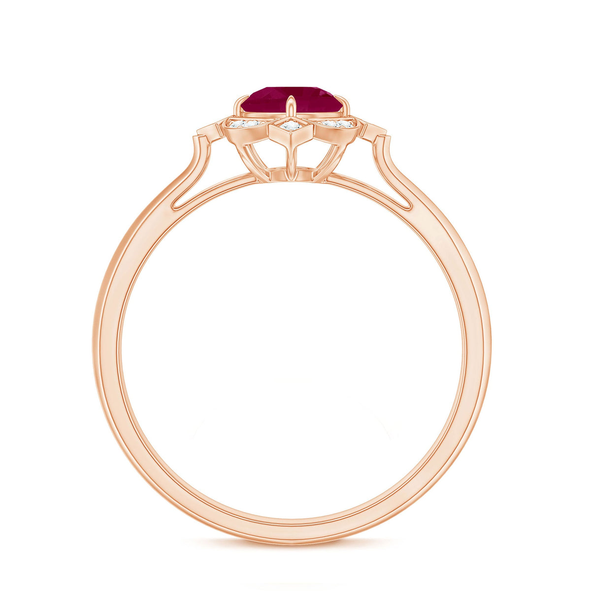 Vintage style 0.6 carat ruby engagement ring with diamond halo from Rosec Jewels, showcasing the detailed design and sparkling gemstones.
