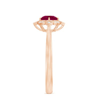Vintage style 0.6 carat ruby engagement ring with diamond halo by Rosec Jewels, featuring intricate gold band and sparkling gemstone details.