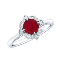 Vintage style 0.6 carat ruby engagement ring with diamond halo from Rosec Jewels, showcasing a beautiful ruby center and sparkling halo.