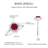 Vintage style 0.6 carat ruby engagement ring with diamond halo by Rosec Jewels, featuring a detailed gold band and sparkling accents.