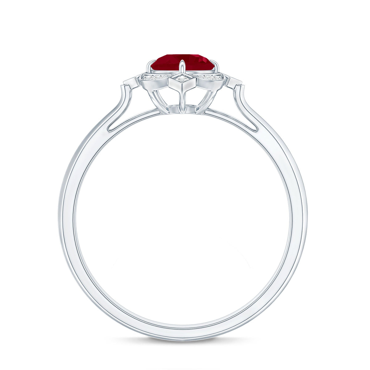 Vintage style 0.6 carat ruby engagement ring with diamond halo from Rosec Jewels, featuring intricate metalwork and sparkling stones.