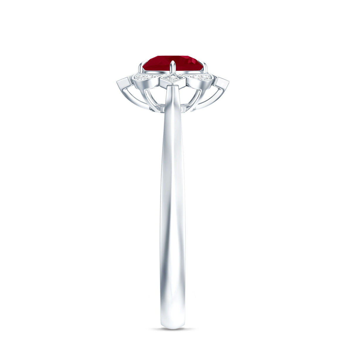 Vintage 0.6 carat ruby engagement ring with diamond halo by Rosec Jewels, showcasing intricate design and sparkling stones.