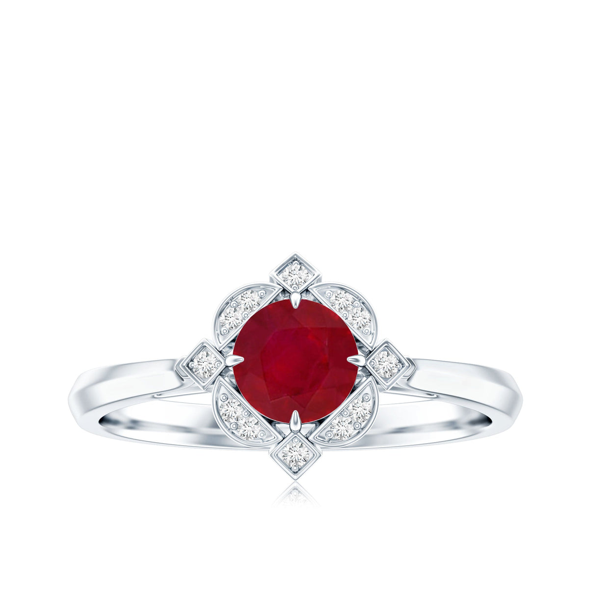 Vintage style 0.6 carat ruby engagement ring with diamond halo from Rosec Jewels, featuring a detailed gold band and intricate design.