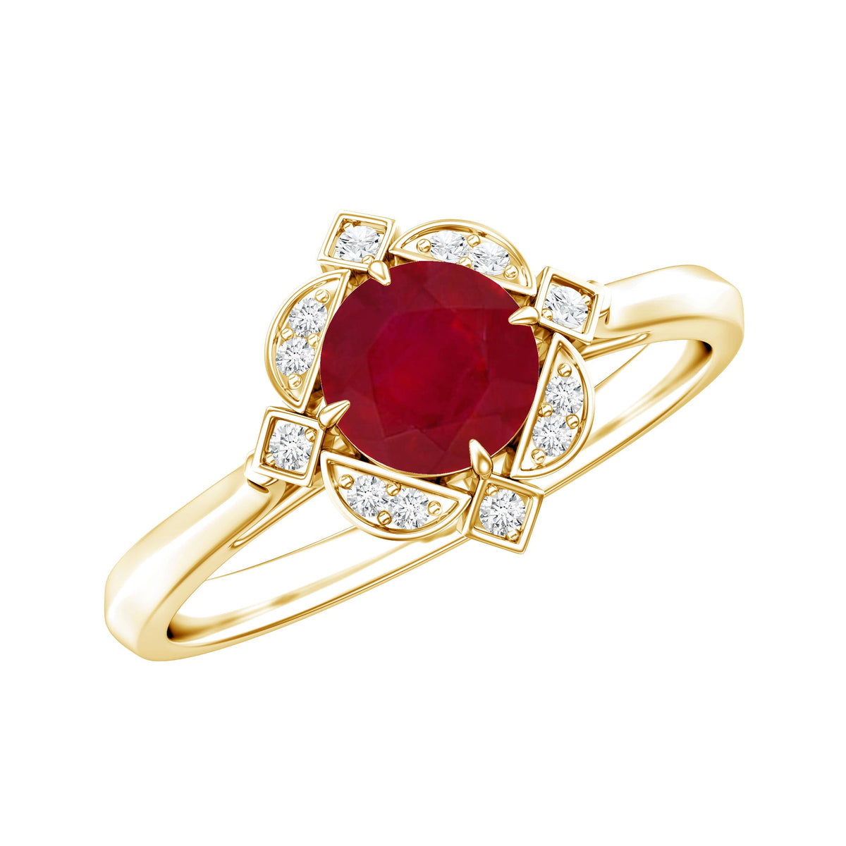 Vintage style 0.6 carat ruby engagement ring with diamond halo from Rosec Jewels, featuring a detailed gold band and sparkling accents.