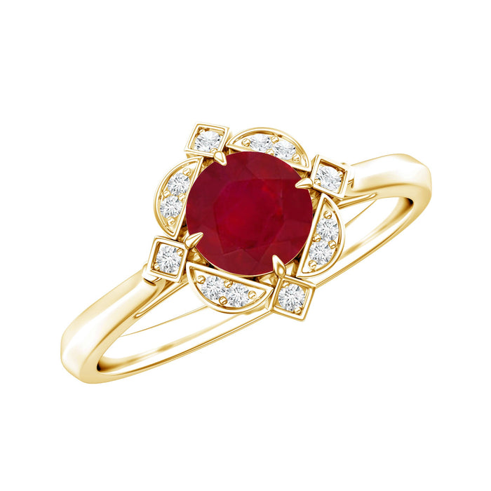 Vintage style 0.6 carat ruby engagement ring with diamond halo from Rosec Jewels, featuring a detailed gold band and sparkling accents.