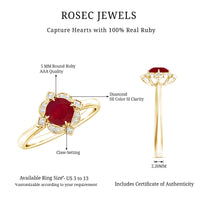 Vintage style 0.6 carat ruby engagement ring with diamond halo from Rosec Jewels, featuring a detailed gold band and sparkling accents.