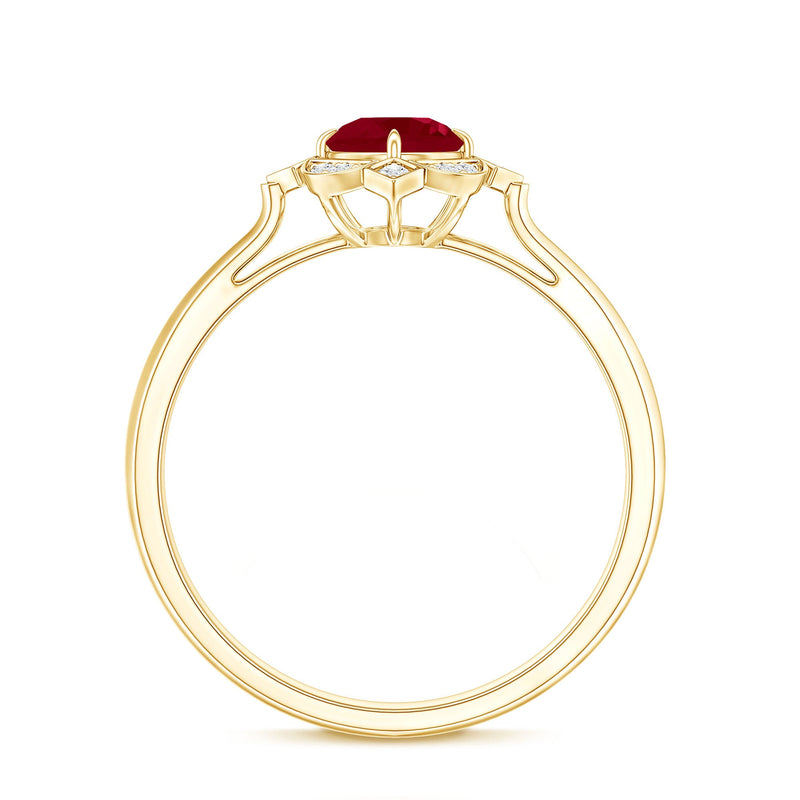 Vintage style 0.6 carat ruby engagement ring with diamond halo from Rosec Jewels, featuring intricate metalwork and sparkling stones.