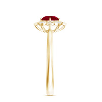 Vintage style 0.6 carat ruby engagement ring with diamond halo by Rosec Jewels, showcasing a detailed design and sparkling gemstones.
