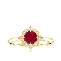 Vintage style 0.6 carat ruby engagement ring with diamond halo from Rosec Jewels, showcasing intricate design and sparkling gemstones.