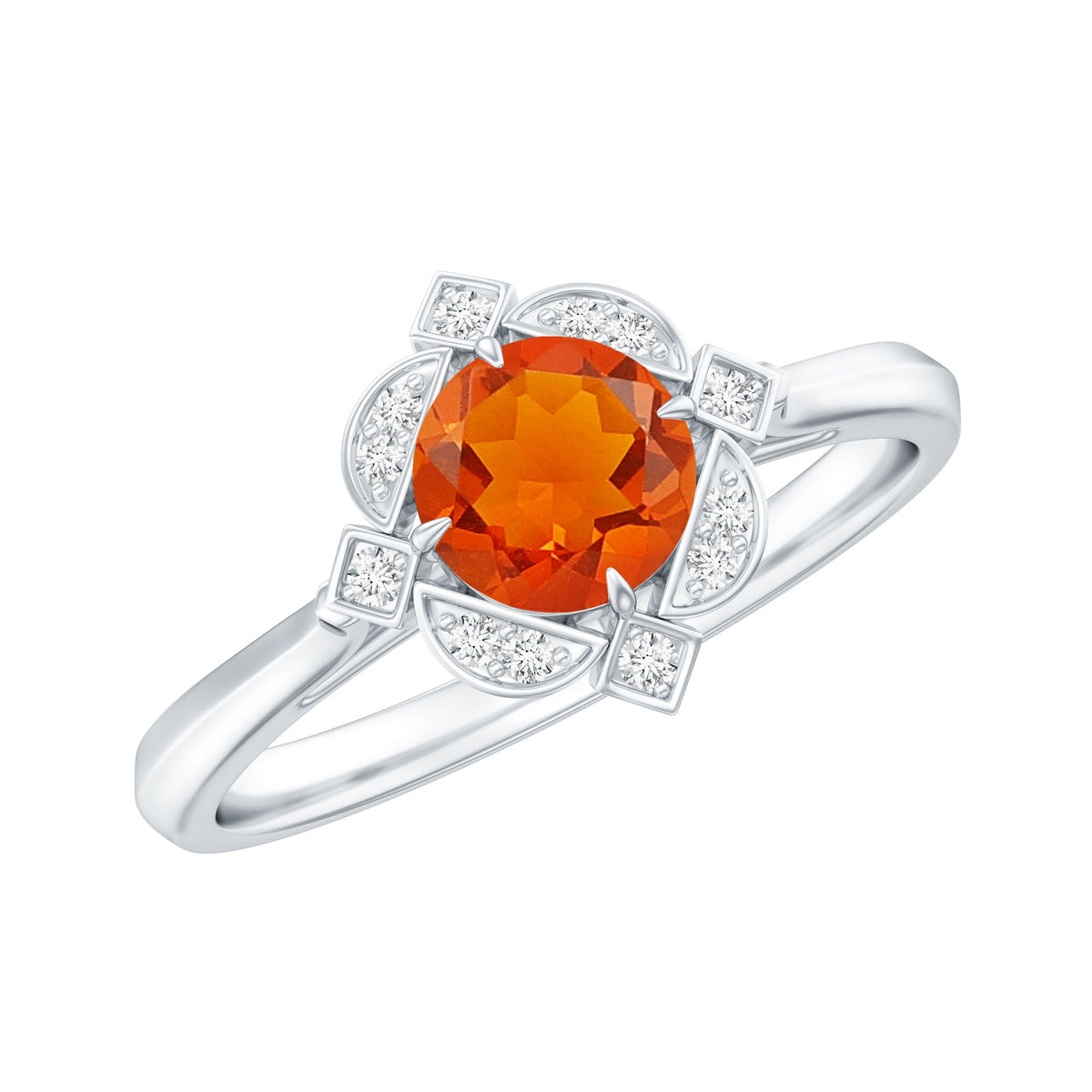 Vintage 1/2 CT fire opal and diamond engagement ring by Rosec Jewels with intricate metalwork and sparkling gemstones.