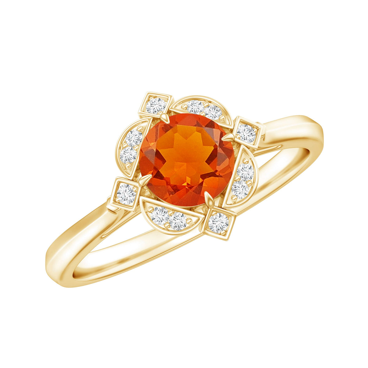 Vintage 1/2 ct fire opal and diamond engagement ring by Rosec Jewels, featuring a detailed band and vibrant gemstone centerpiece.