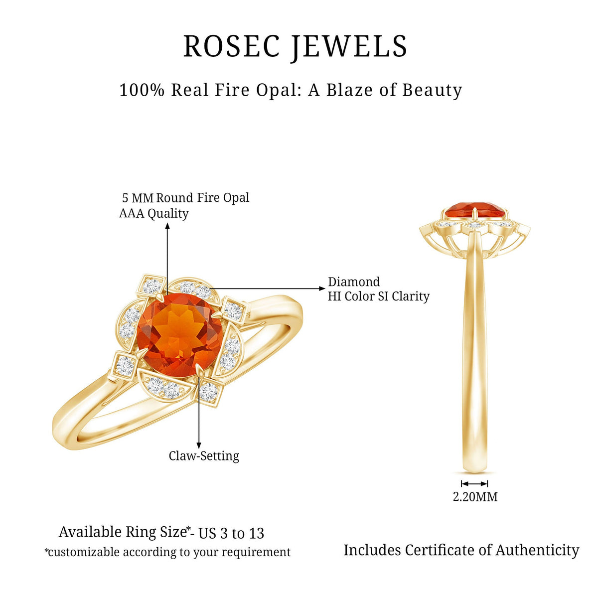 Vintage 1/2 CT fire opal and diamond engagement ring by Rosec Jewels, featuring a stunning fire opal centerpiece with diamond accents.