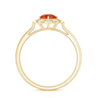 Vintage 1/2 CT fire opal and diamond engagement ring by Rosec Jewels, showcasing intricate metalwork and colorful gemstone details.