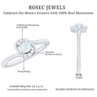 Rosec Jewels 1/2 CT moonstone and diamond bypass promise ring featuring a sleek gold band and sparkling gemstones.