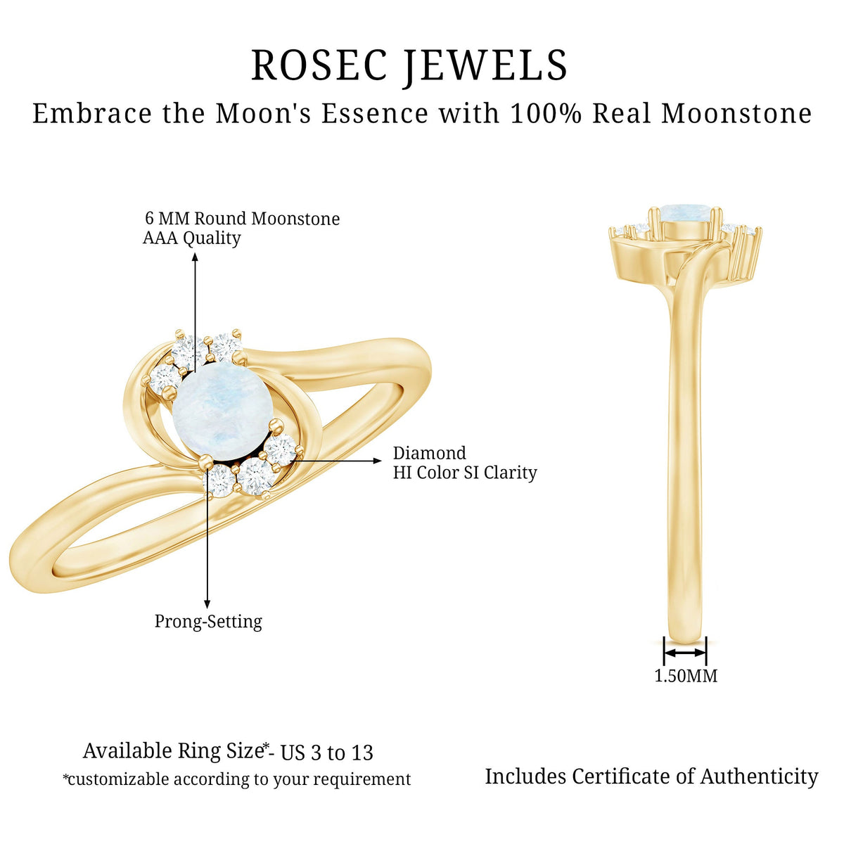 Rosec Jewels 1/2 CT moonstone and diamond bypass promise ring with elegant design and sparkling gemstones.