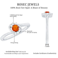 Silver promise ring with 1/4 ct fire opal and diamond accents, featuring a bypass design from Rosec Jewels.
