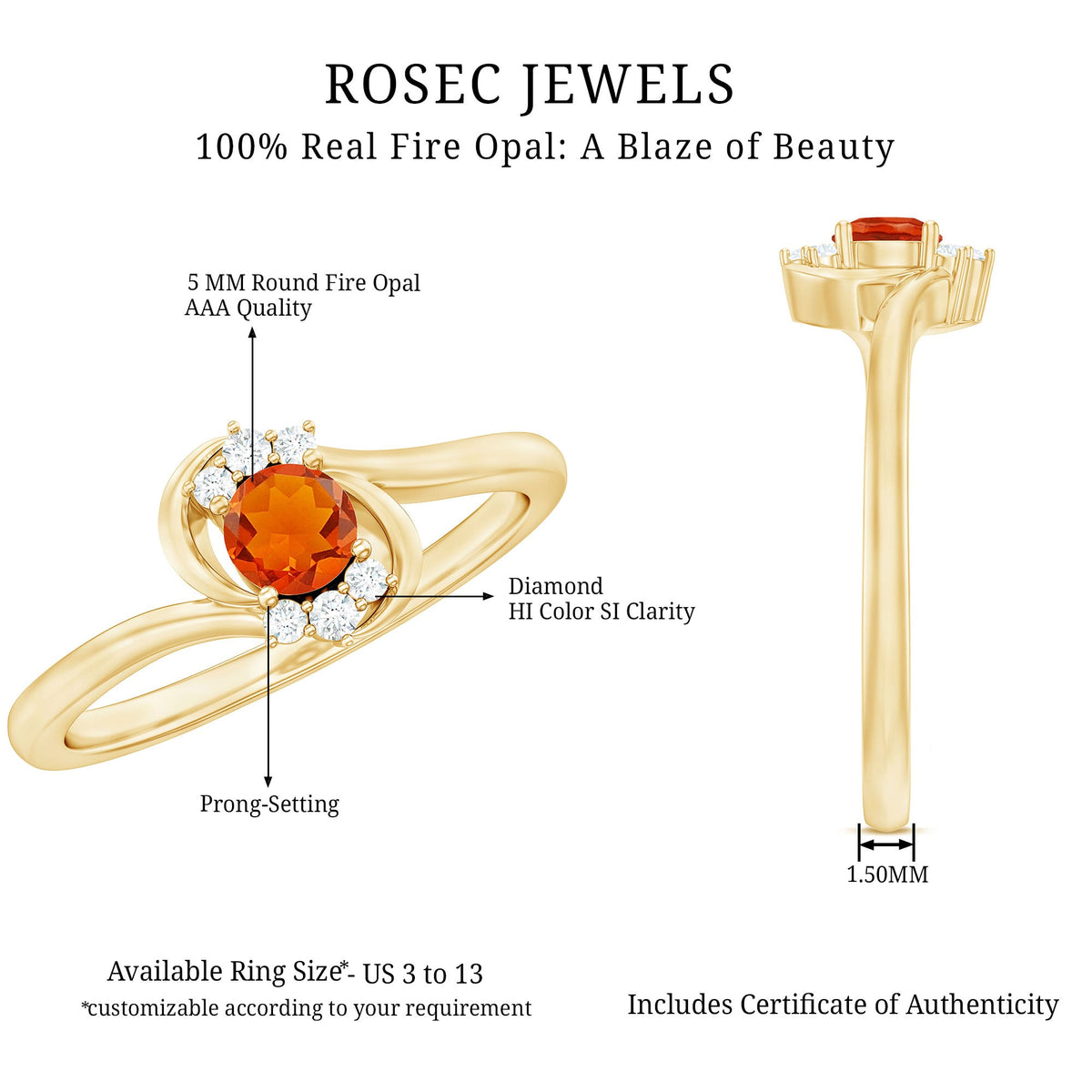 Rosec Jewels 1/4 Ct fire opal and diamond bypass promise ring featuring a vibrant orange fire opal and sparkling diamonds in a sleek band.