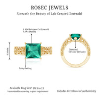 Certified 2.4 Carat Princess Cut Lab Grown Emerald Filigree Engagement Ring
