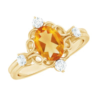 Vintage Style 6X8mm Citrine Oval Engagement Ring with Diamond