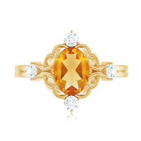 Vintage Style 6X8mm Citrine Oval Engagement Ring with Diamond