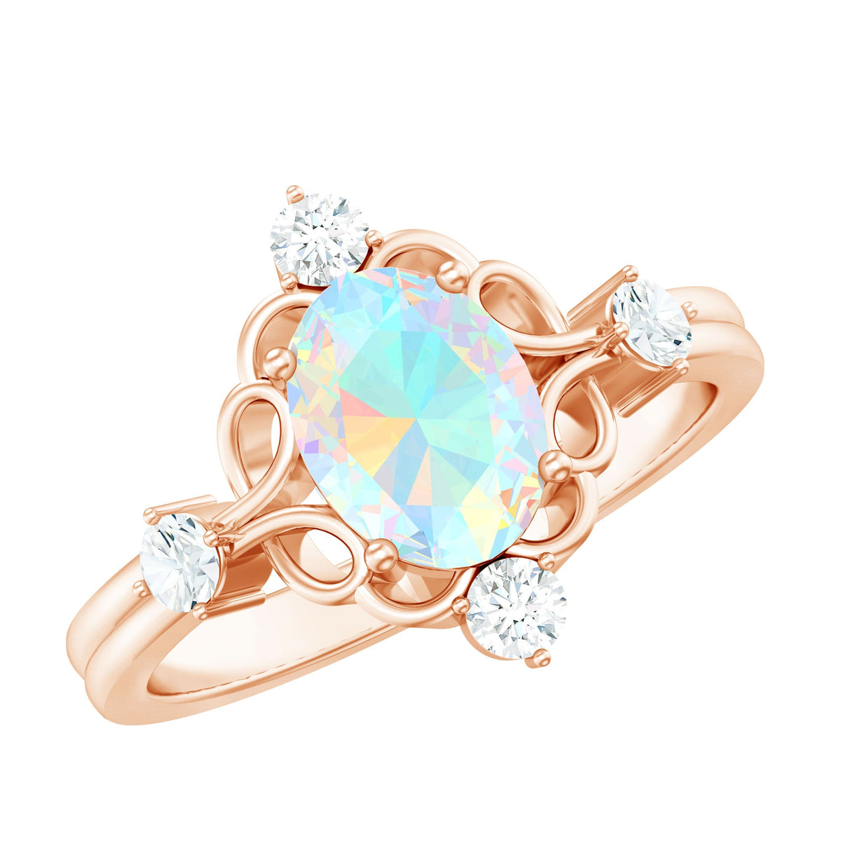 Ethiopian Opal and diamond engagement ring by Rosec Jewels featuring a central opal gemstone surrounded by small diamonds.
