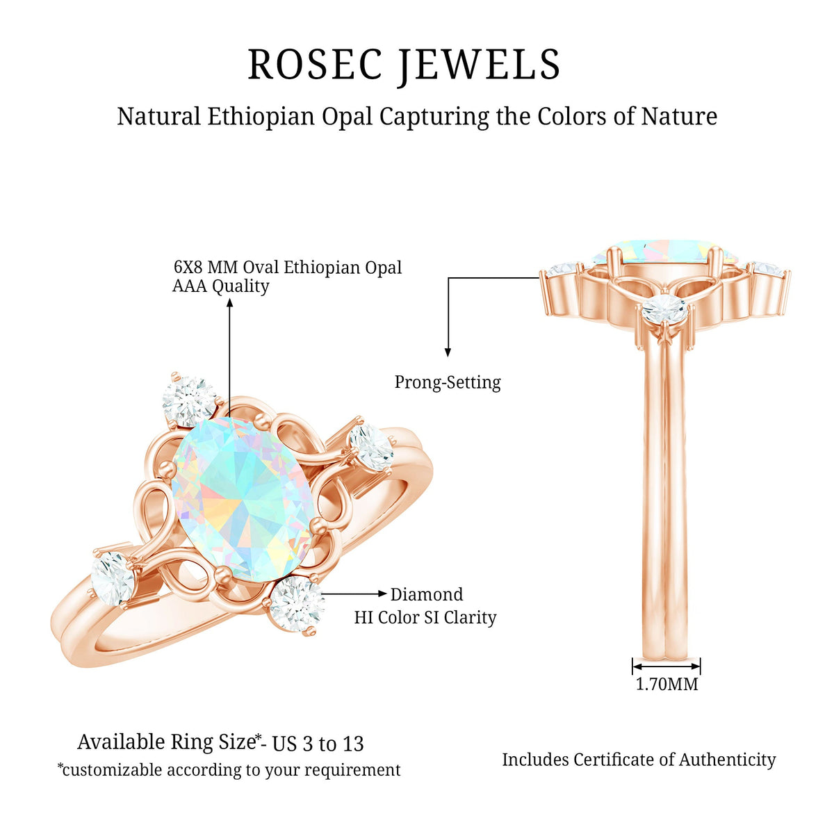 Ethiopian opal and diamond engagement ring by Rosec Jewels featuring a central opal with diamond accents in a delicate band.