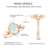 Ethiopian opal and diamond engagement ring by Rosec Jewels featuring a central opal with diamond accents in a delicate band.