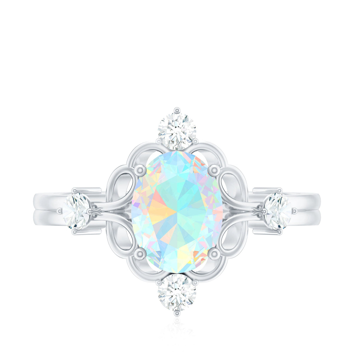 Ethiopian opal and diamond engagement ring by Rosec Jewels featuring a central opal gemstone with diamond accents on a silver band.