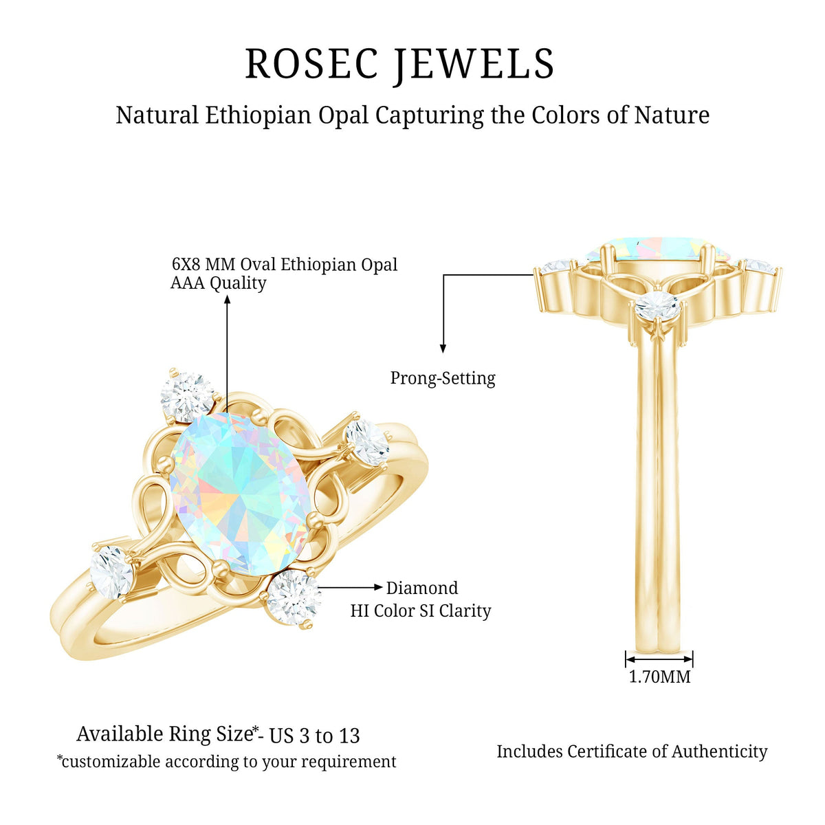 Ethiopian opal and diamond engagement ring by Rosec Jewels featuring a sparkling opal centerpiece and diamond accents in a elegant setting.