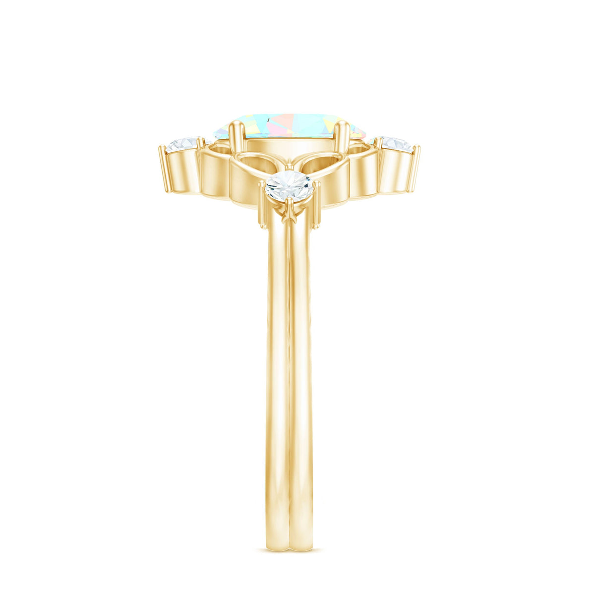 Ethiopian Opal and diamond engagement ring by Rosec Jewels featuring a central opal gemstone surrounded by diamonds on a silver band.