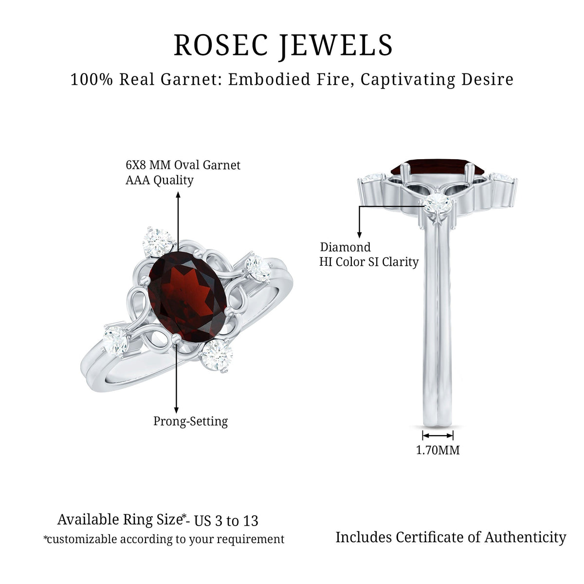 Vintage looking 6X8mm Oval Garnet Engagement Ring with Diamond