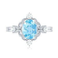 Art Deco 1 Carat oval aquamarine and diamond cocktail ring by Rosec Jewels, featuring intricate design and sparkling gemstones.
